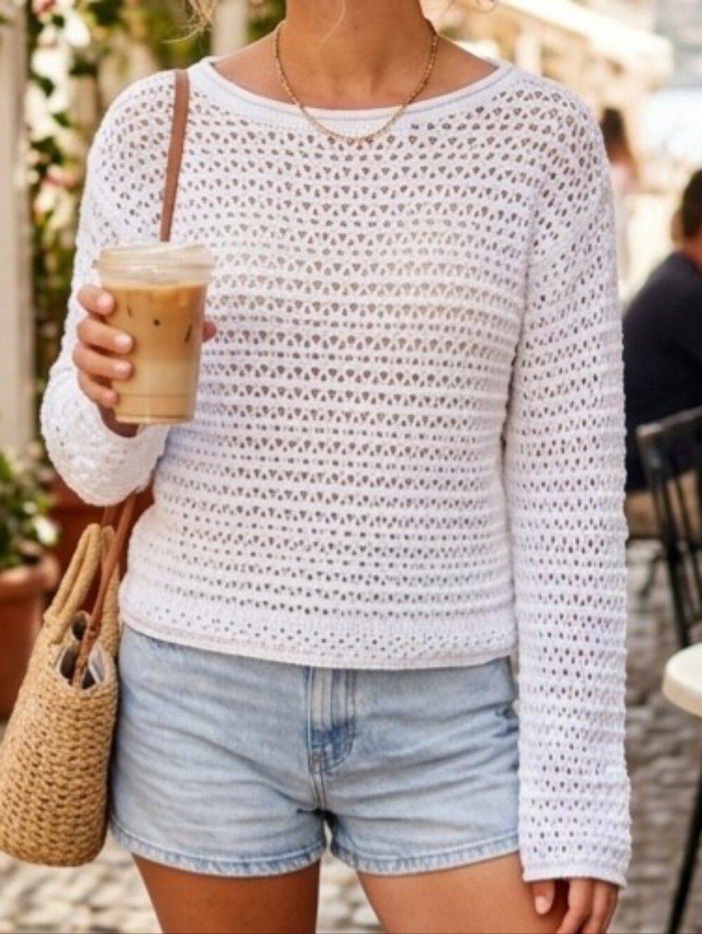 White + Warren White Open Crochet Knit Long Sleeve Top Size XS